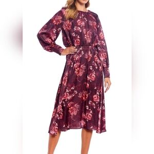 New Alex Marie Floral Burgundy Long Sleeve Dress with Pink Roses 12